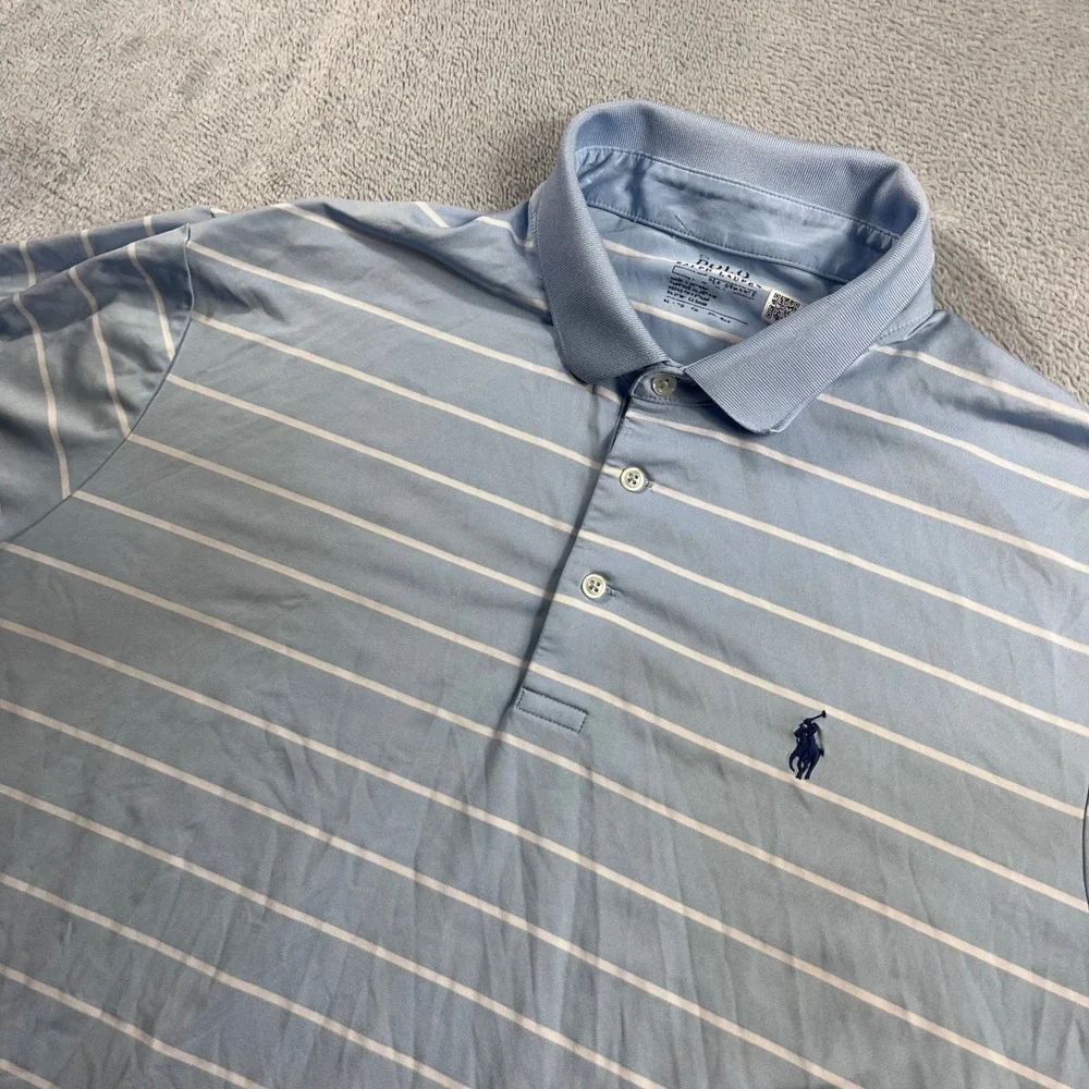 Polo Ralph Lauren Performance Polo Mens XL Light Blue White Striped Short Sleeve